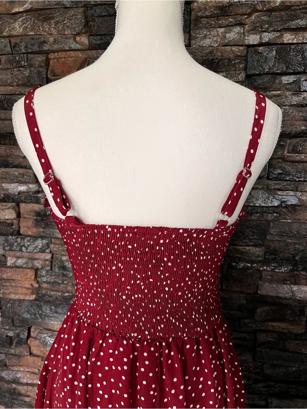 Red Polka Dot Midi Sundress with Button Front - Picture 7 of 16